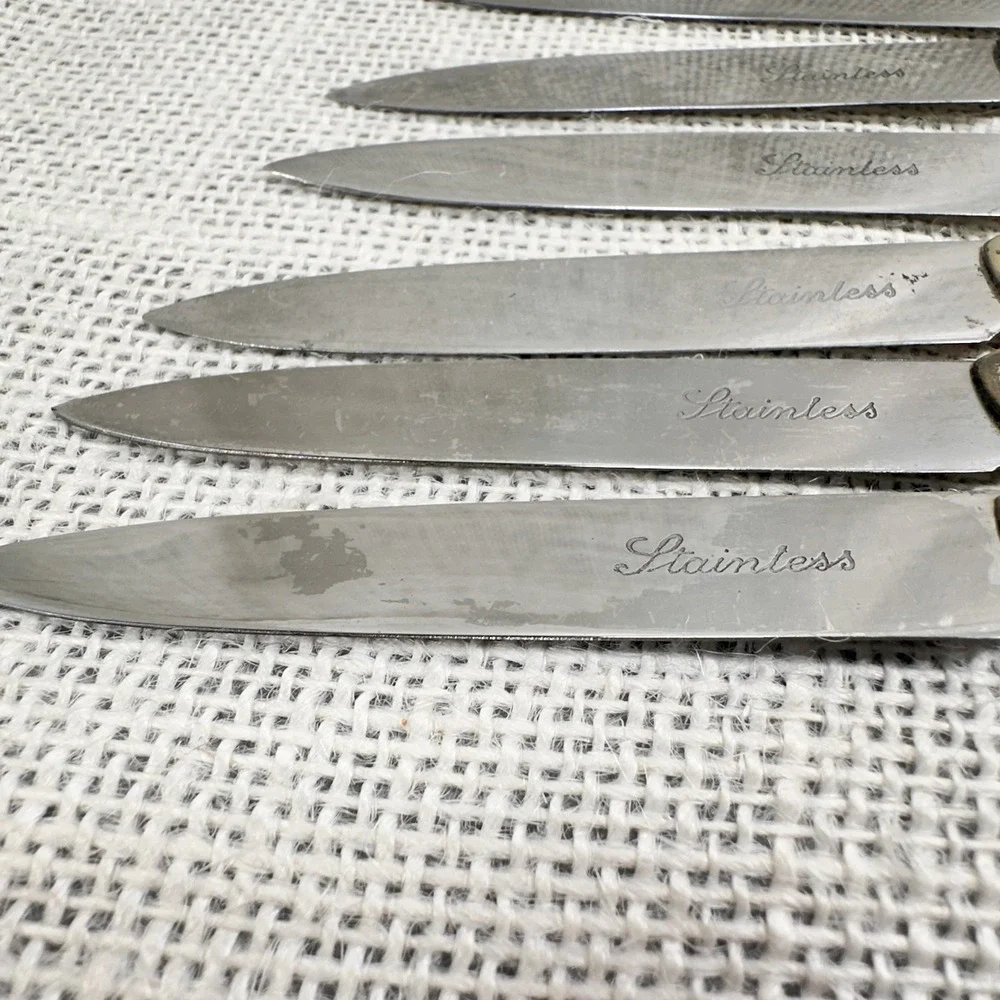 Cream Handle Stainless Steel Luncheon Knives‎ Mid Century Flatware Lot 6